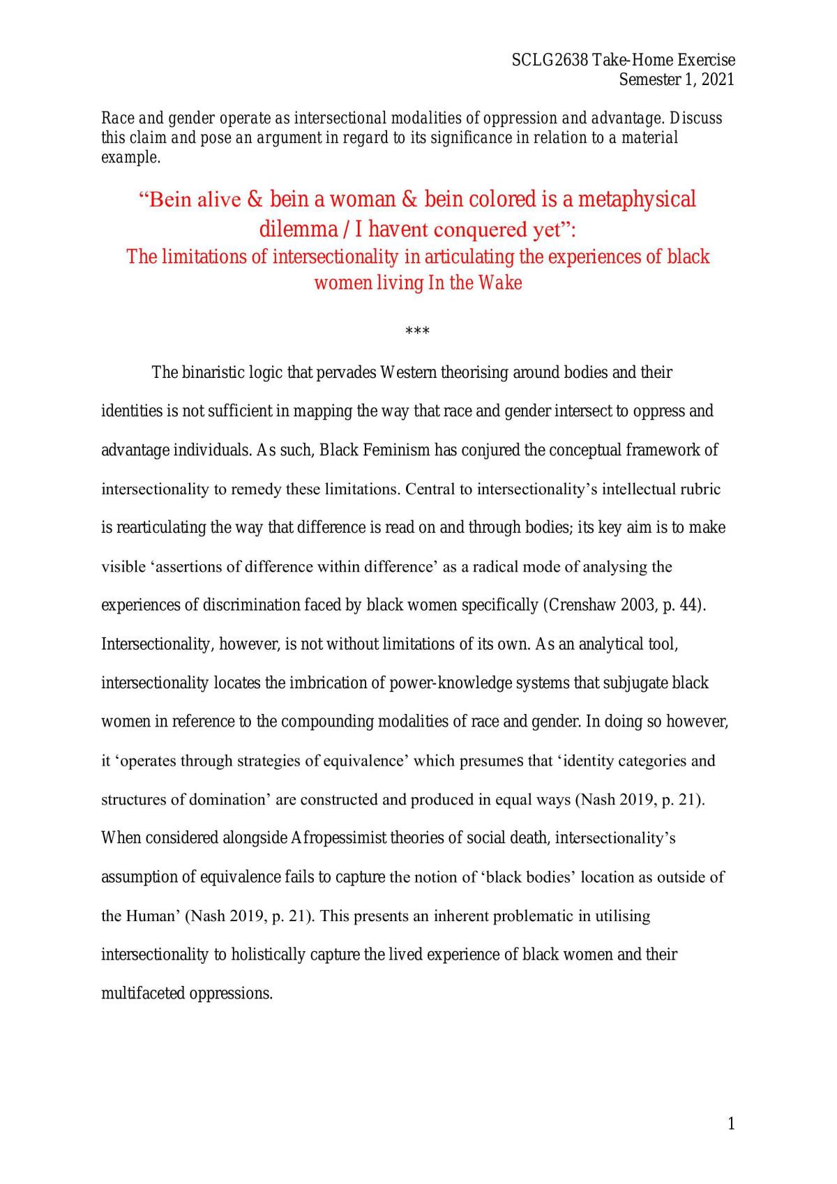 SCLG2638 Essay on Intersectionality - Page 1