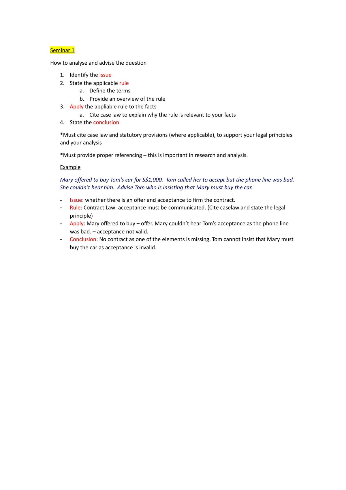 Contract and Agency Law Summary for seminars 1 to 6 - Page 1