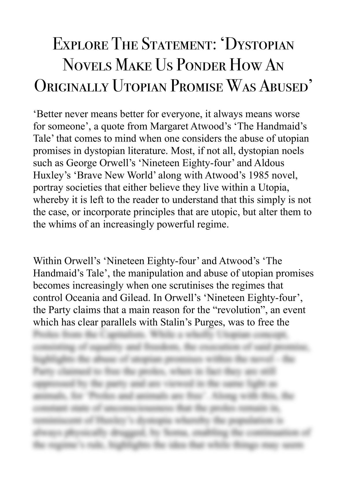 Explore the Statement: ‘Dystopian Novels Make Us Ponder How an Originally Utopian Promise Was Abused’ - Page 1