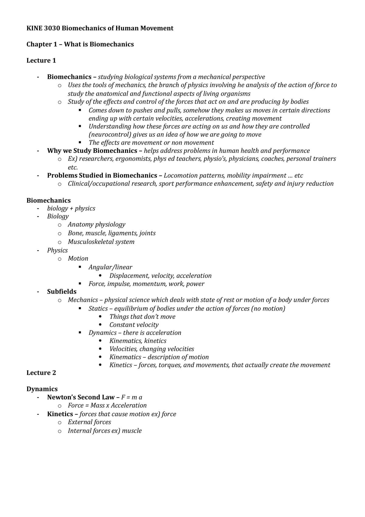 Biomechanics of Human Movement Study Notes - Page 1