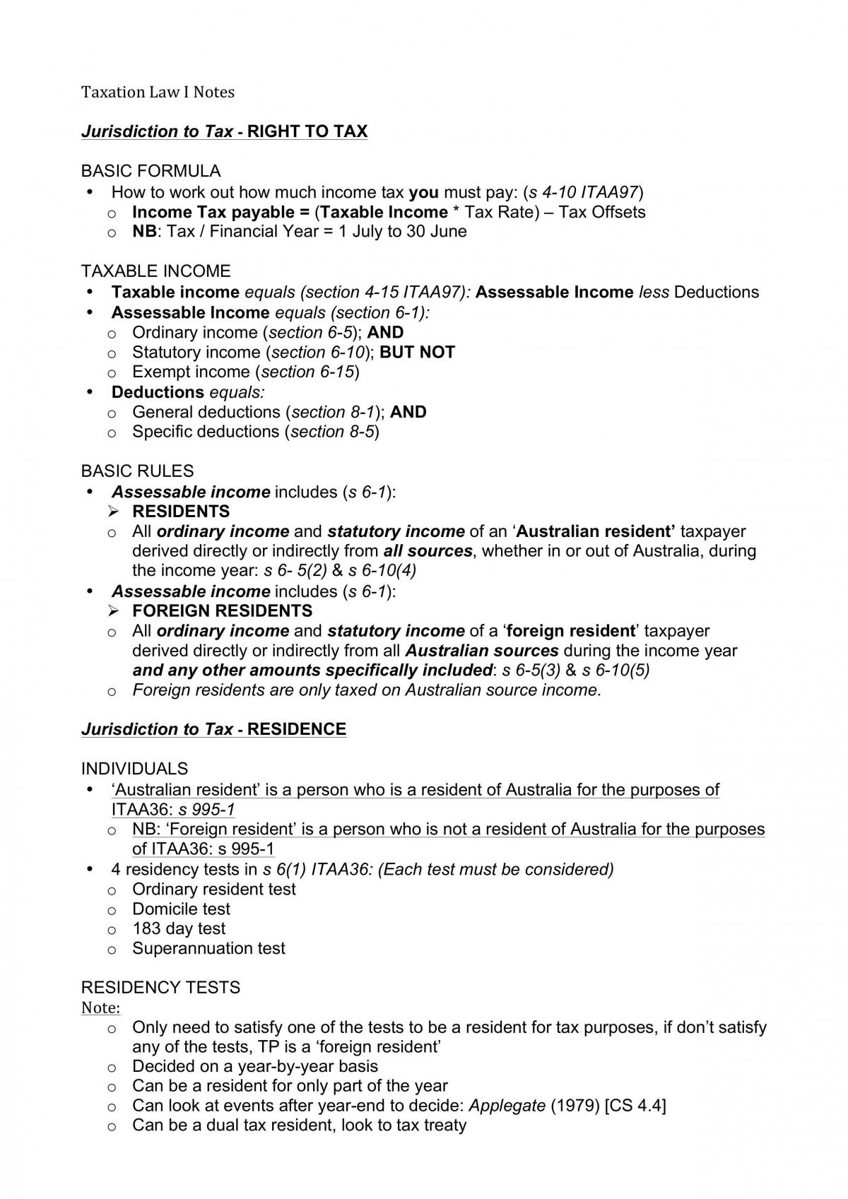 Subject Notes for BLAW30002 Taxation Law I - Page 1