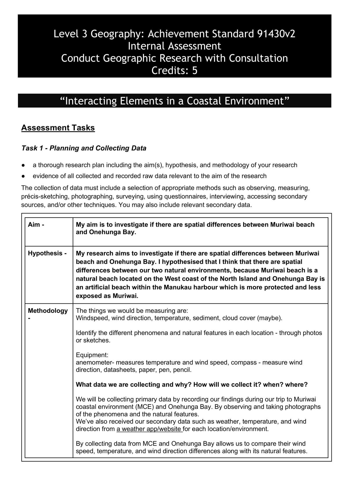 AS91430 - Interacting Elements in a Coastal Environment - Page 1