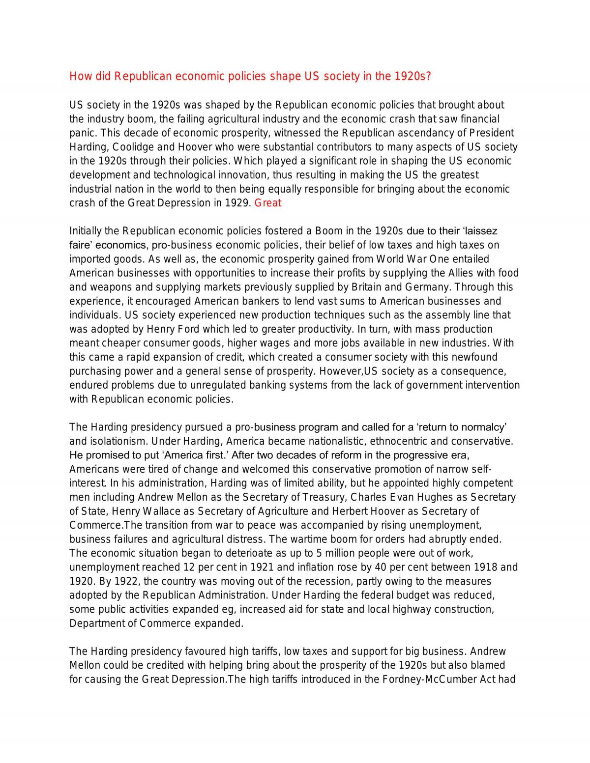 Republican Economic Policies Essay - USA Society - Modern History HSC - Page 1