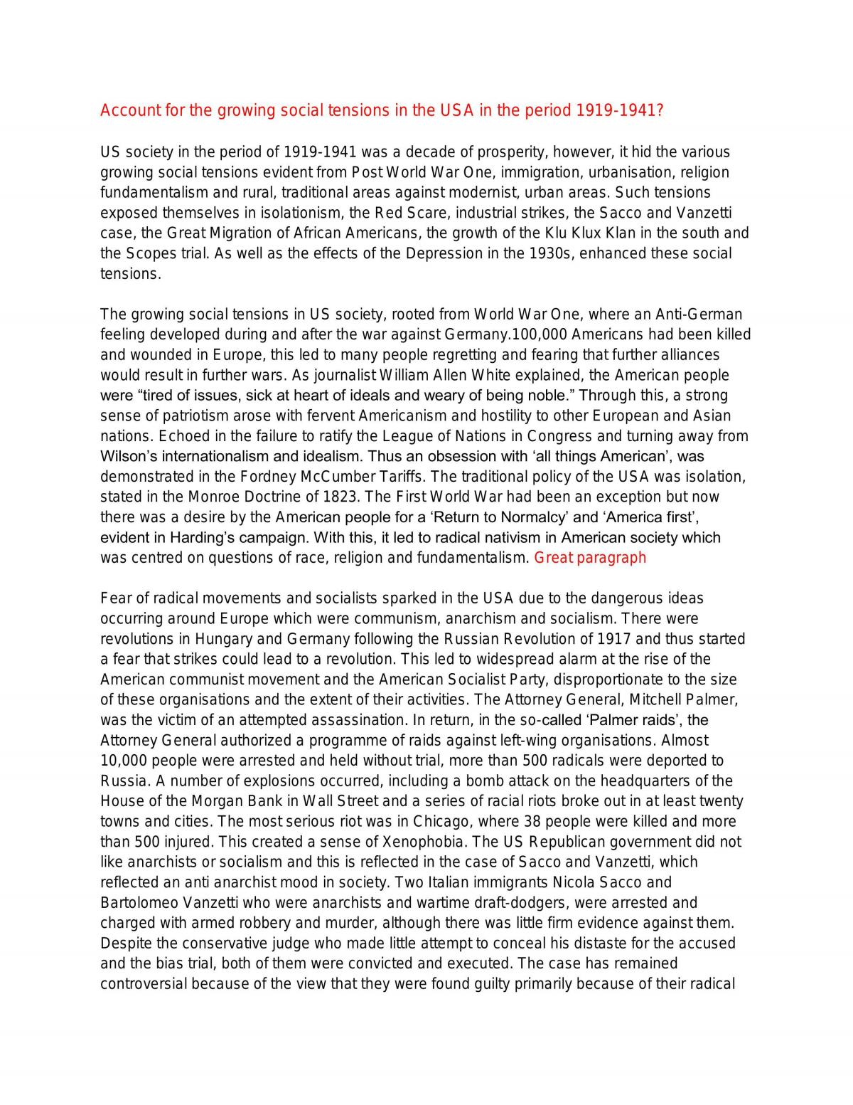 Social Tensions Essay - USA Society 1920s-1940s - Modern History HSC - Page 1