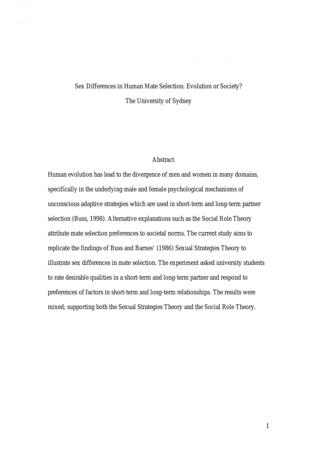 Report For Social Component Of The Course; Sexual Strategies Theory - Page 1