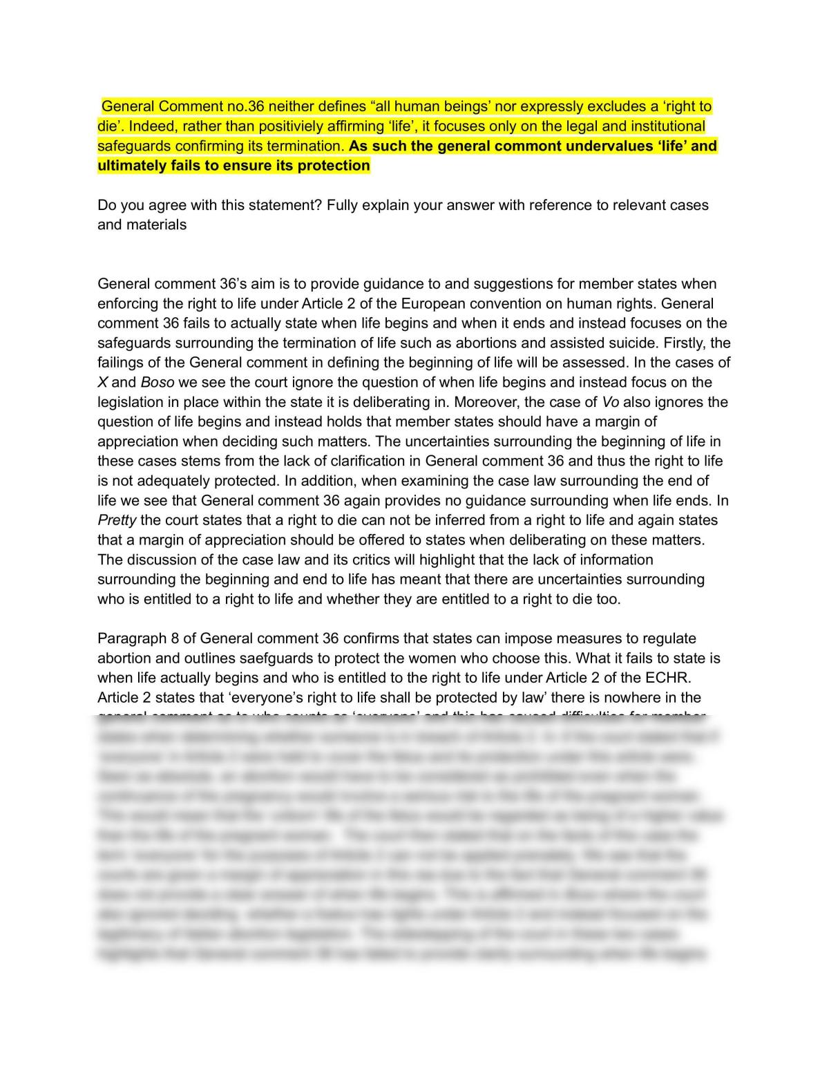 Essay on General comment 36 and whether it provides guidance on the right to life and the right to die. - Page 1