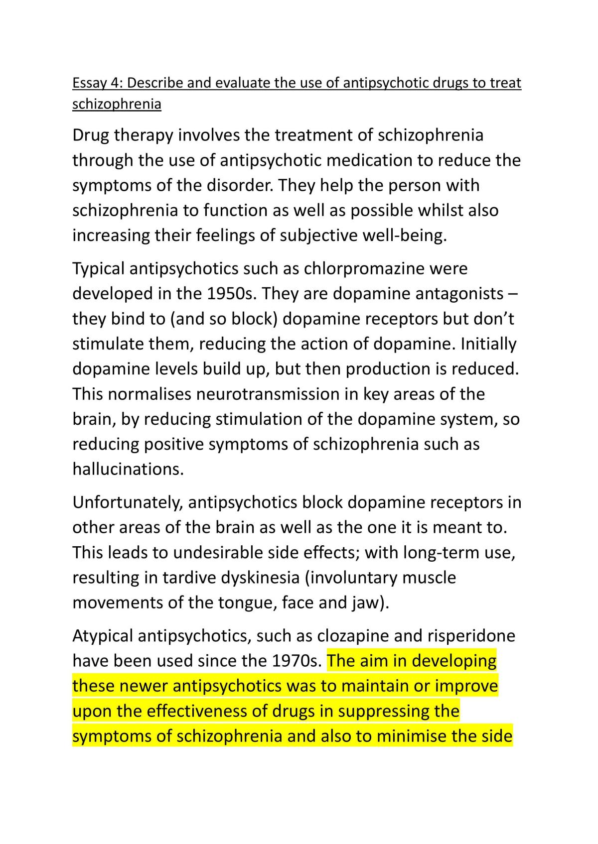 Schizophrenia Essay 4: Describe and evaluate the use of antipsychotics drugs to treat schizophrenia. - Page 1
