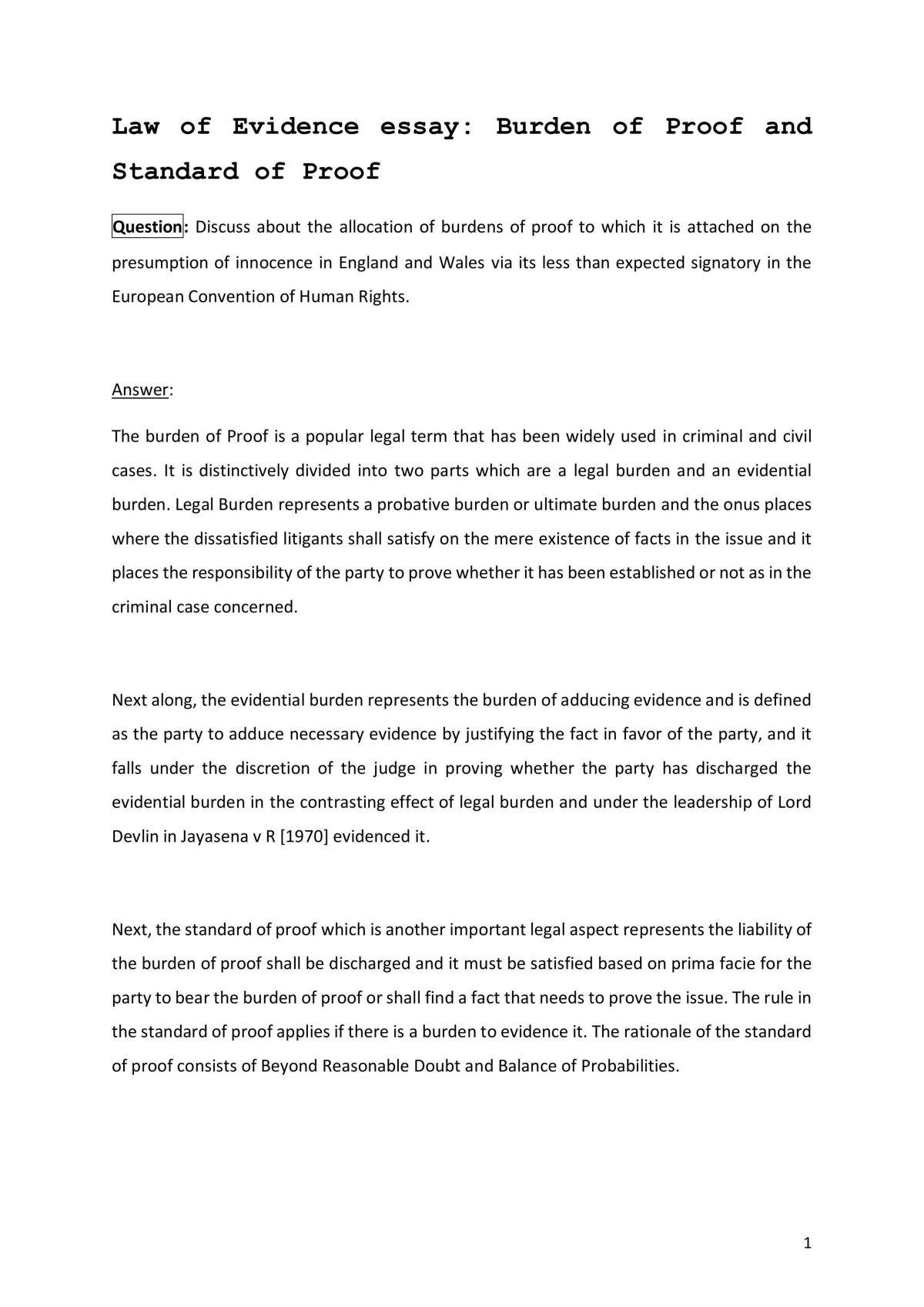 LAW 3216 Burden of Proof essay - Page 1