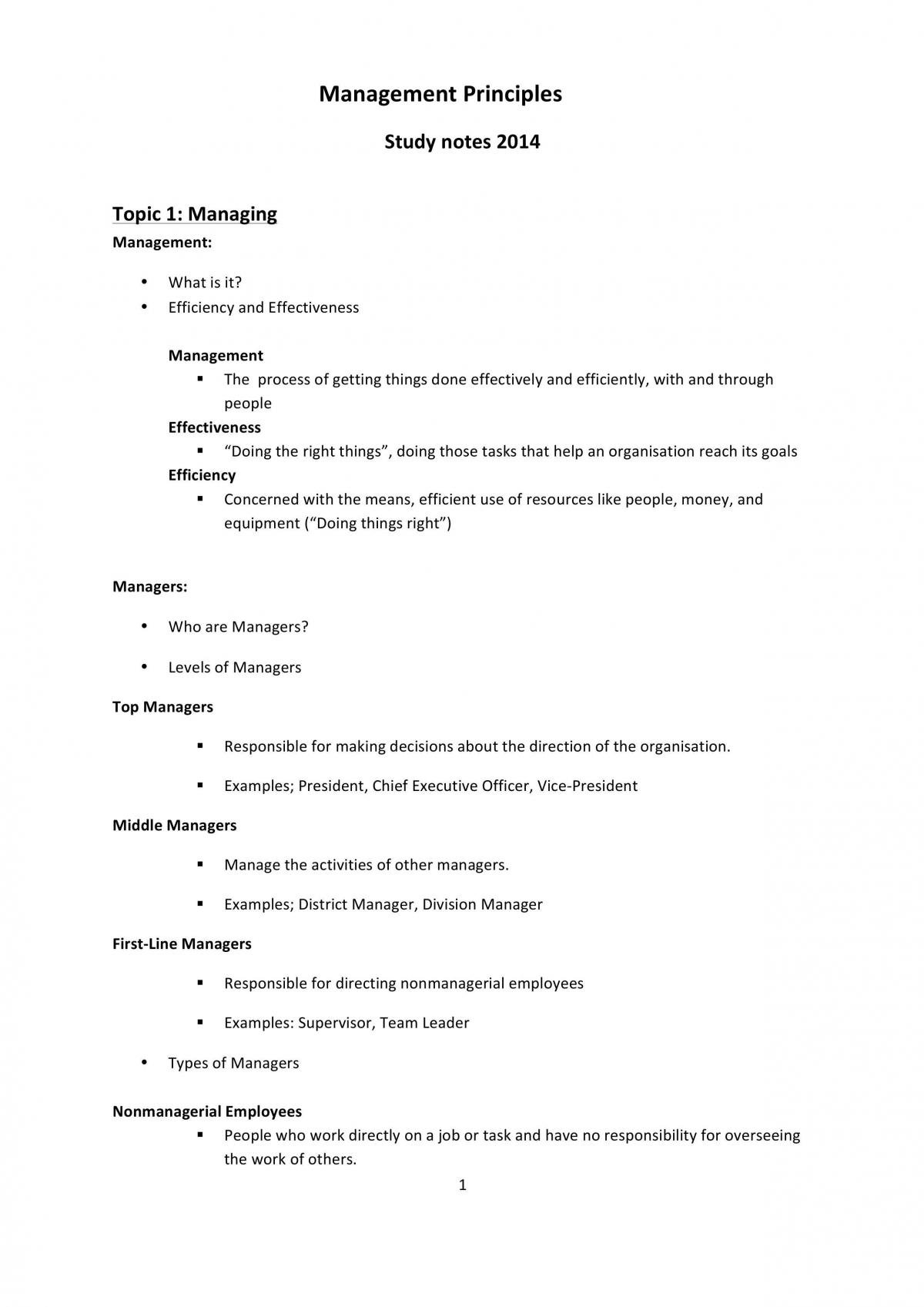 Management Principles Study notes  - Page 1