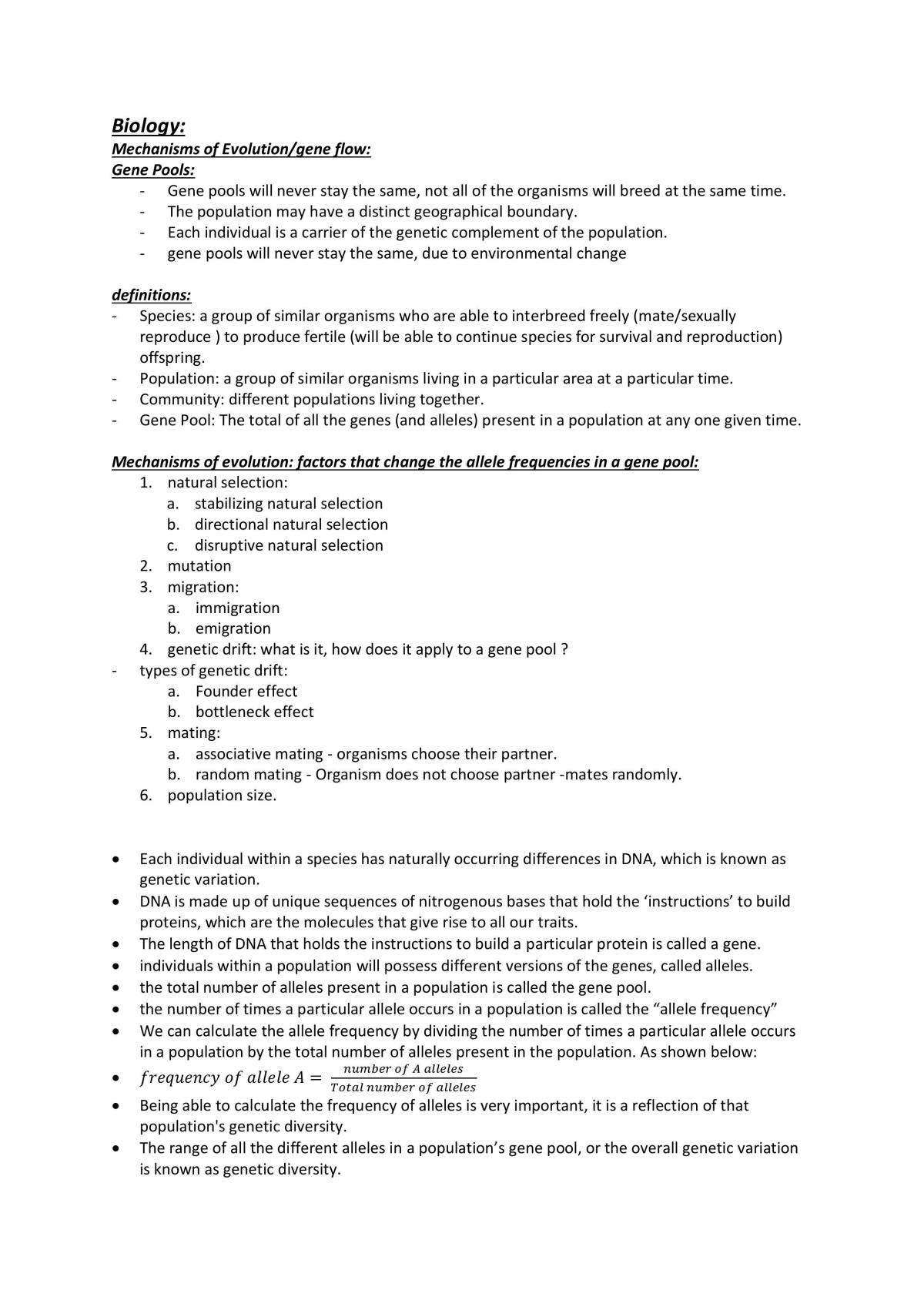 Ncea Level 2 Biology Mechanisms of Evolution Full Study Notes  - Page 1