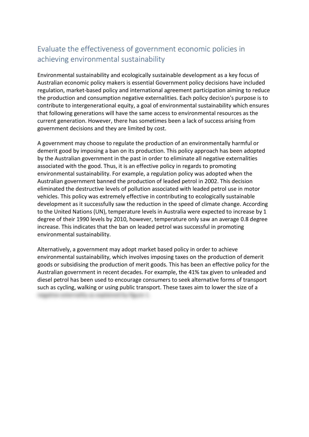 HSC Economics- Environmental Sustainability Essay    - Page 1