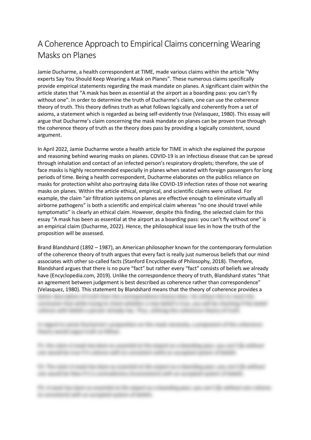 Essay displaying the coherence approach to empirical claims - Page 1