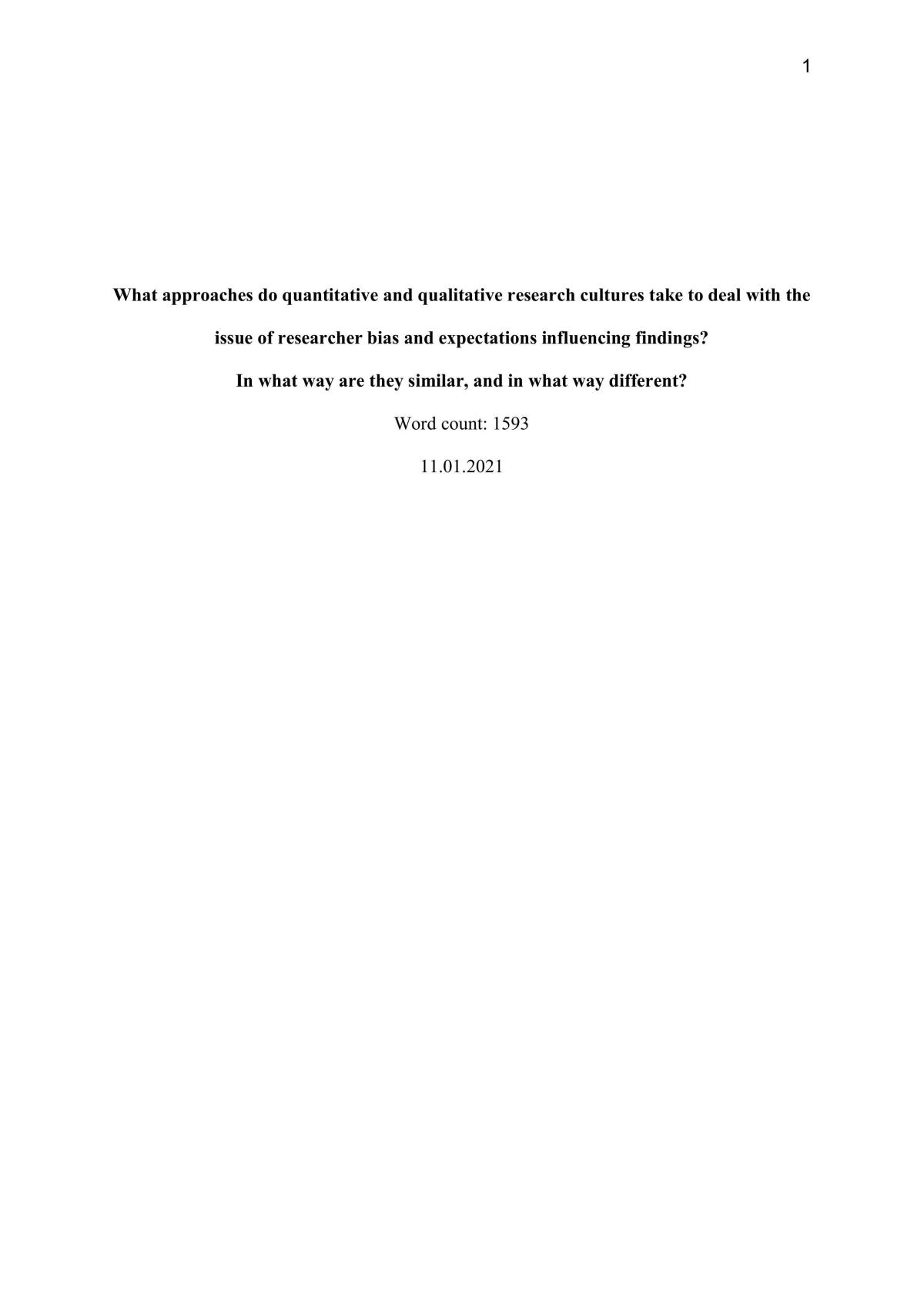 Essay discussing similarities and differences between qualitative and quantitative research methods - Page 1