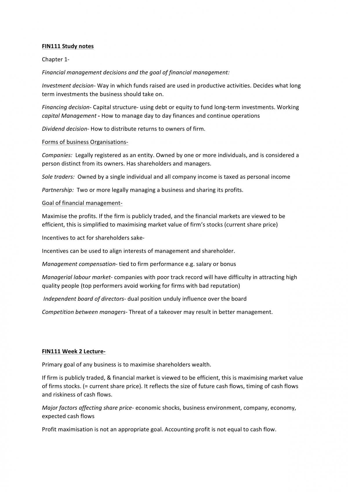 FIN111- Week 1 to 5 Study Notes Complete - Page 1