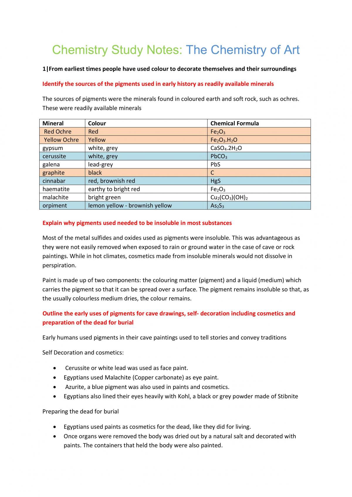 Chemistry Study Notes for the Chemistry of Art - Page 1