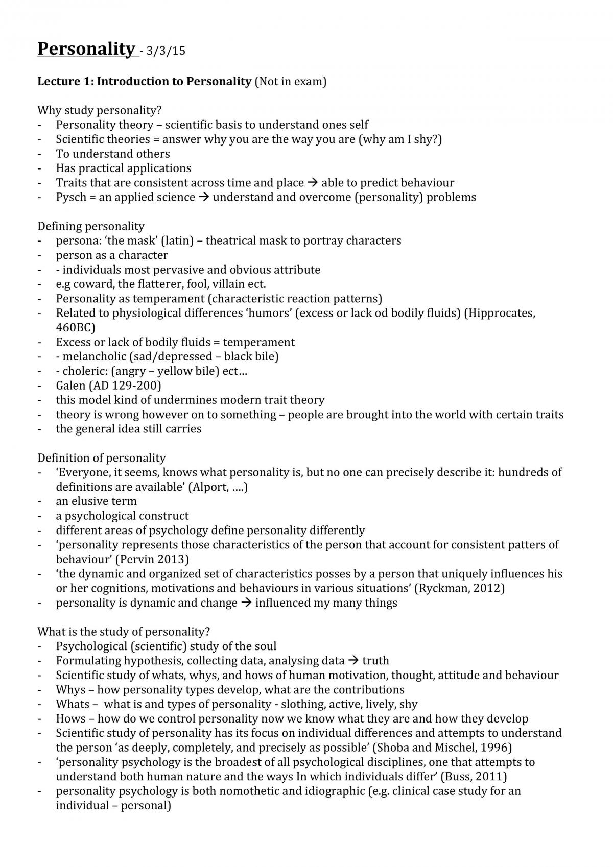 PSYC1001 Personality Notes - Page 1