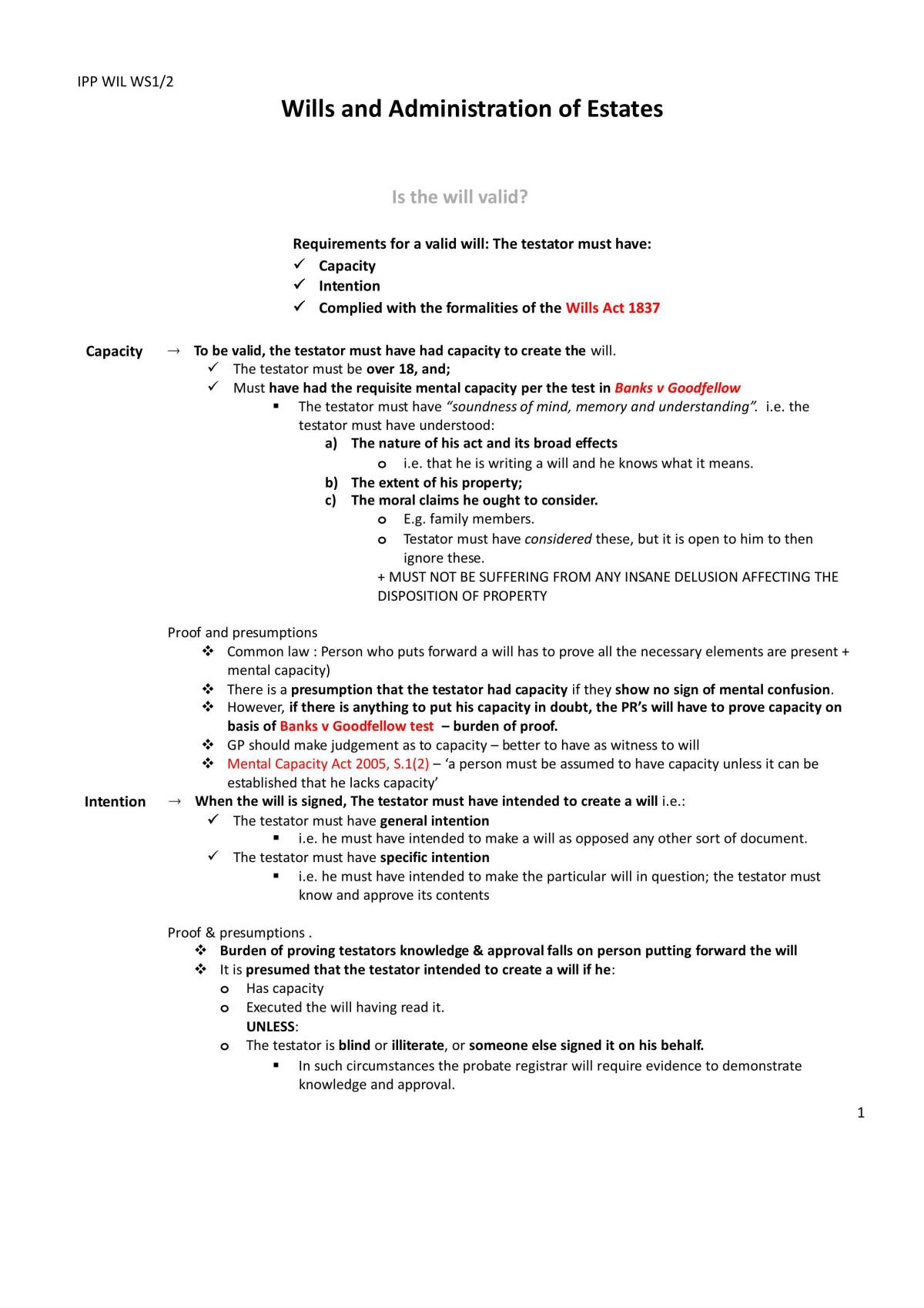 Wills and Administration of Estates Notes - Page 1