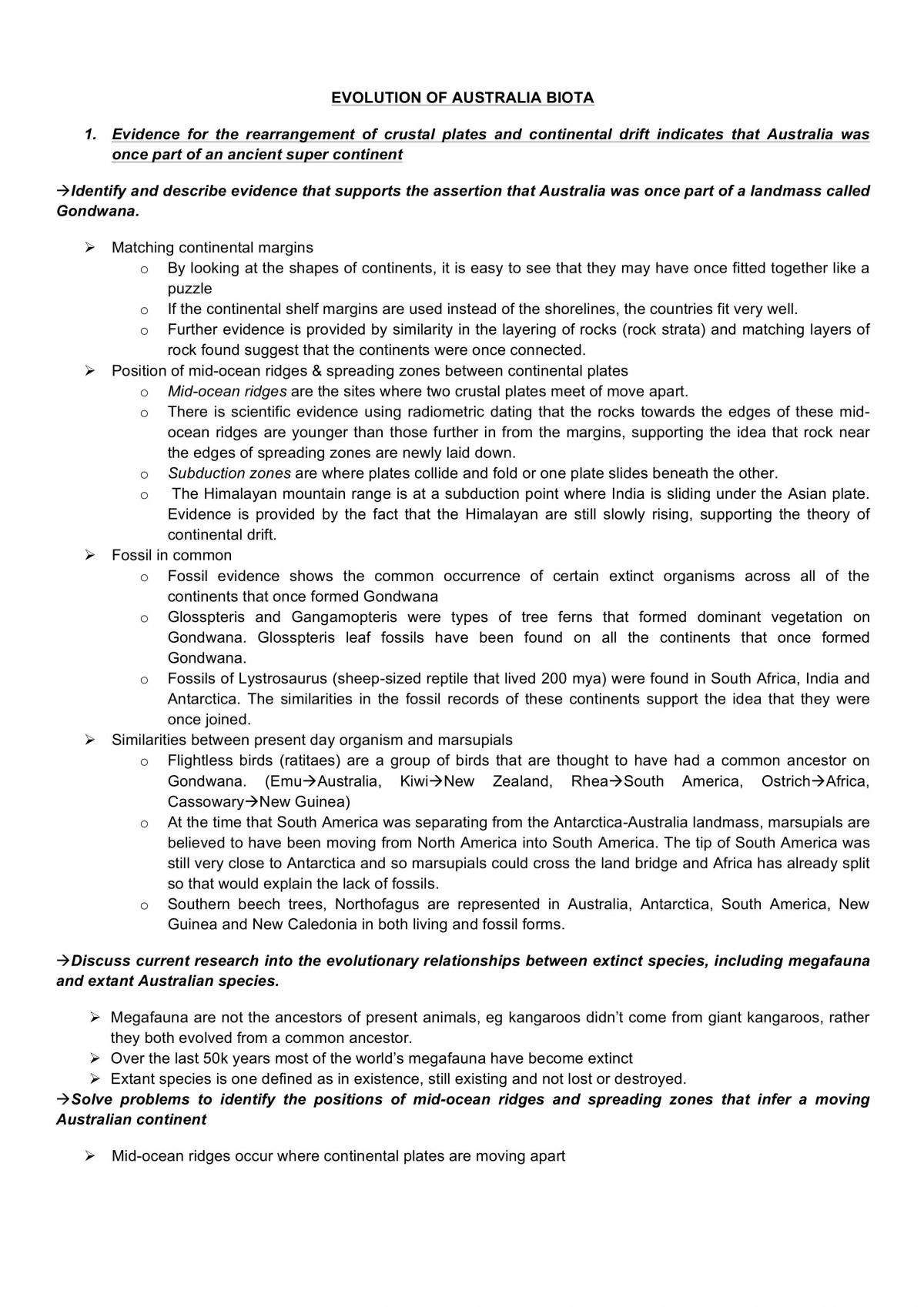 Evolution of Australian Biota Syllabus Notes - Page 1
