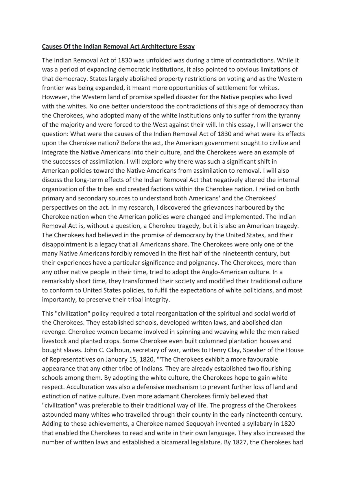 Causes of the Indian Removal Act Architecture Essay - Page 1