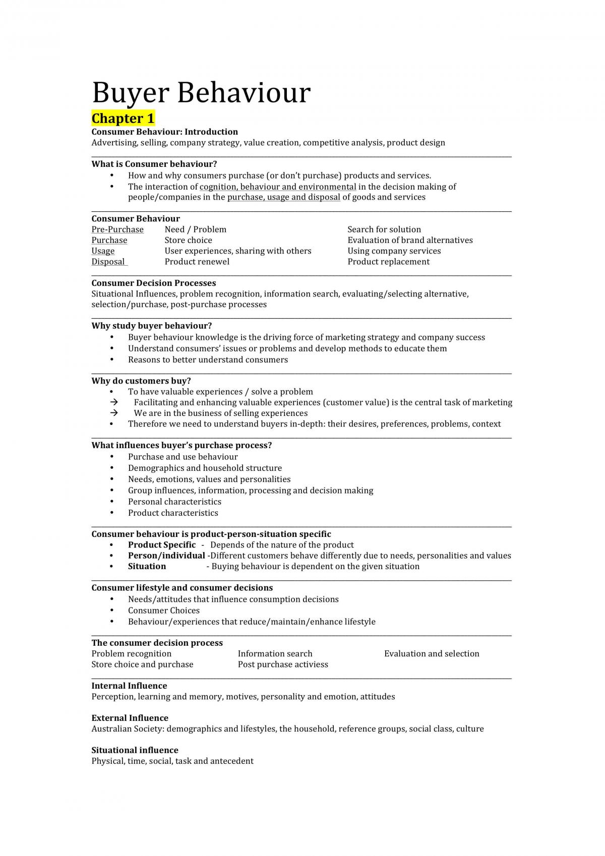 Complete Summary Notes Buyer Behaviour - RMIT - Page 1