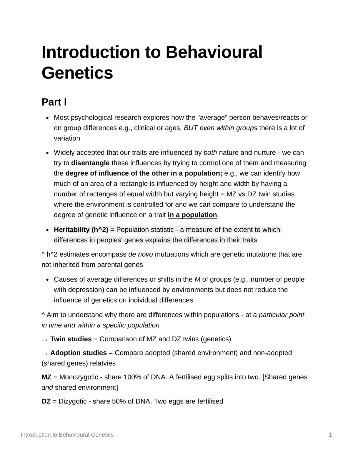 Study Notes for Genes & Behaviour module - Page 1