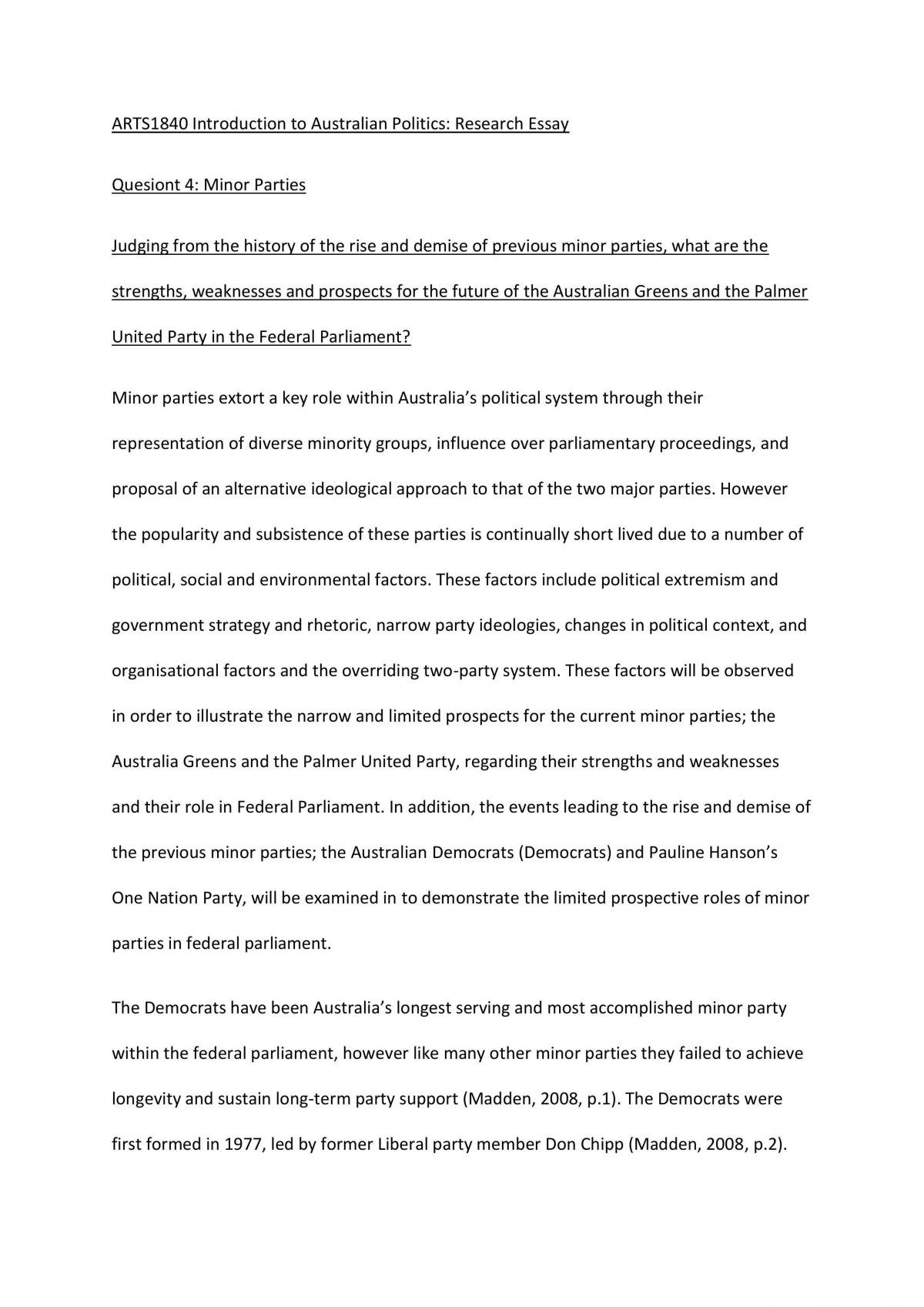 Essay on the Rise and Demisce of Minor Parties - Page 1