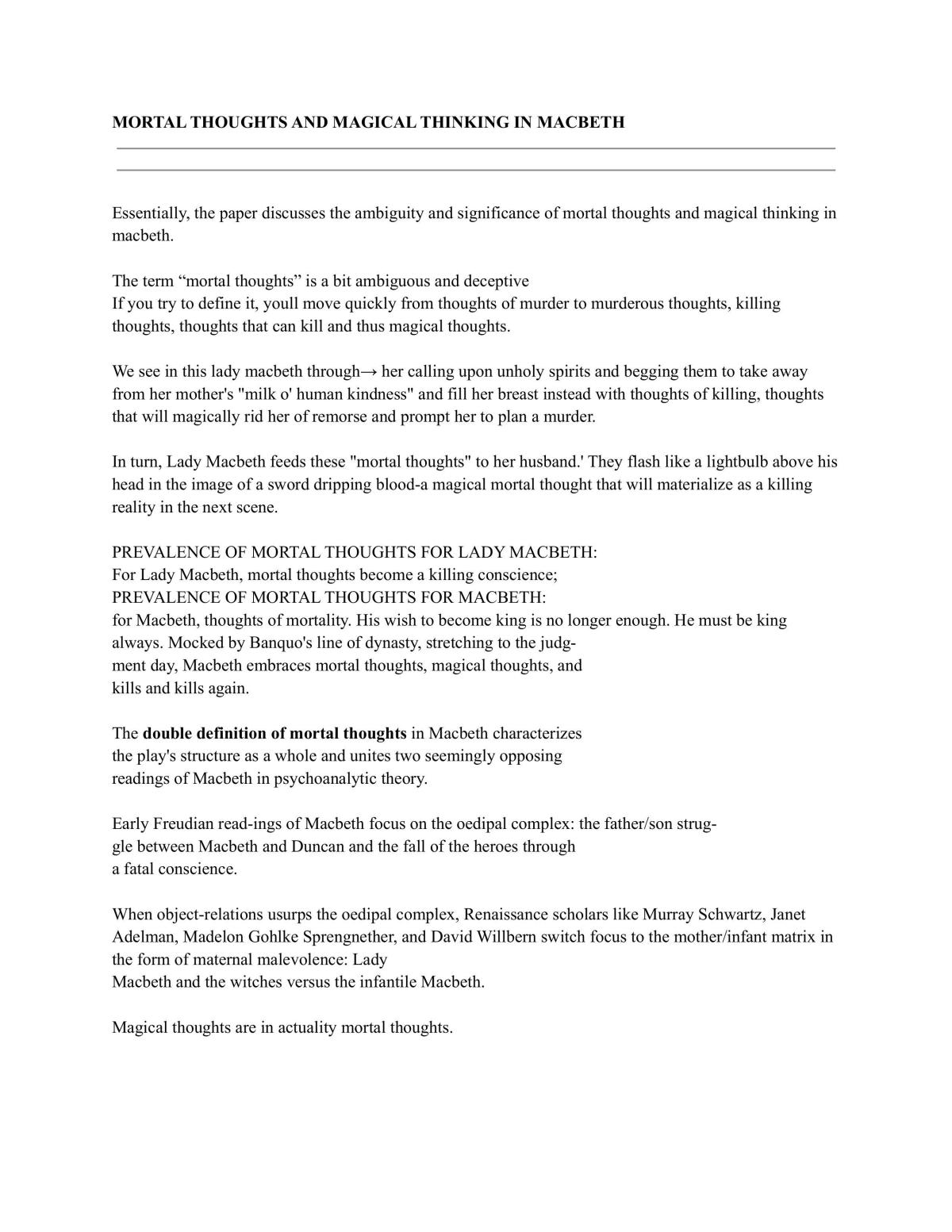 Macbeth - Mortal Thoughts and Magical Thinking Notes - Page 1