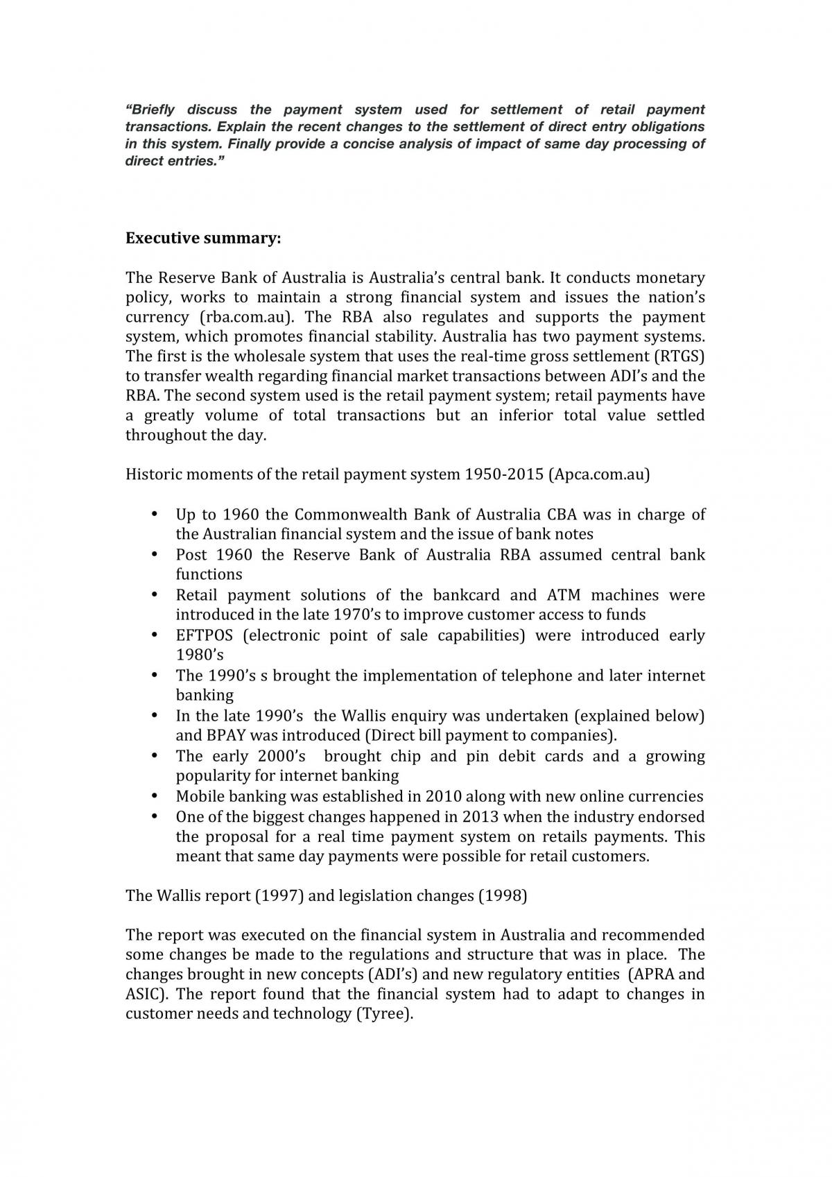 Analysis of the Retail Payments System In Australia - Page 1