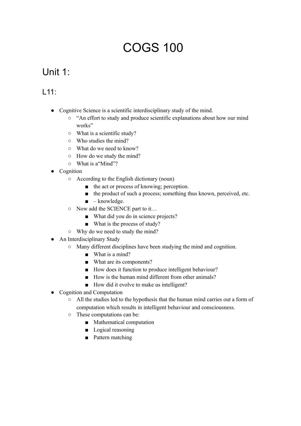 Introduction to Cognitive Science Notes - Page 1