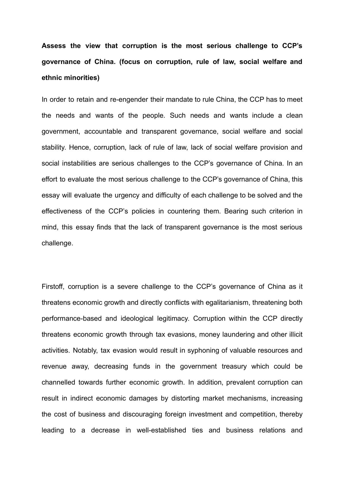 Essay CSE H2 on Challenges of the CCP's governance of China - Page 1