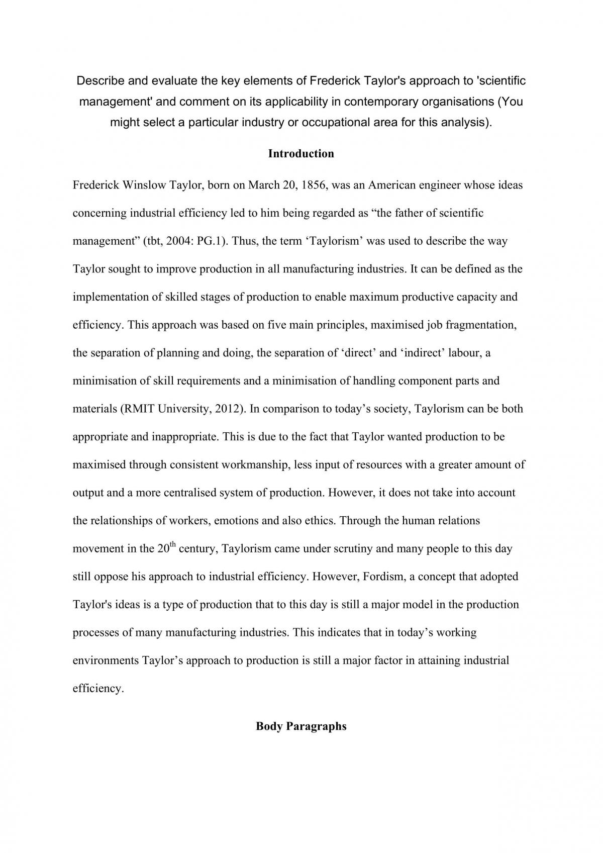 Frederick Winslow Taylor Essay - Page 1