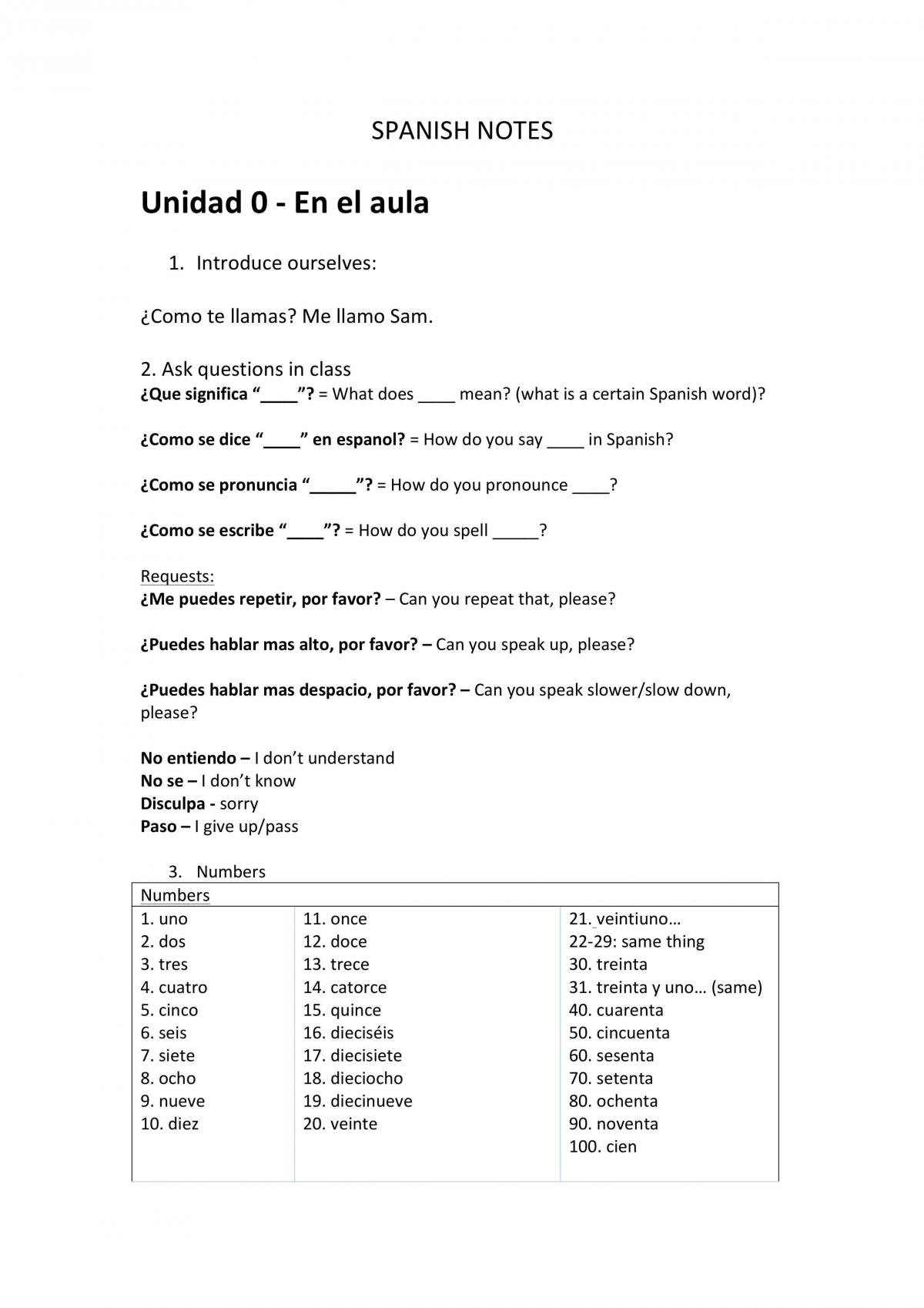 Notes for Spanish Level 1 - Page 1