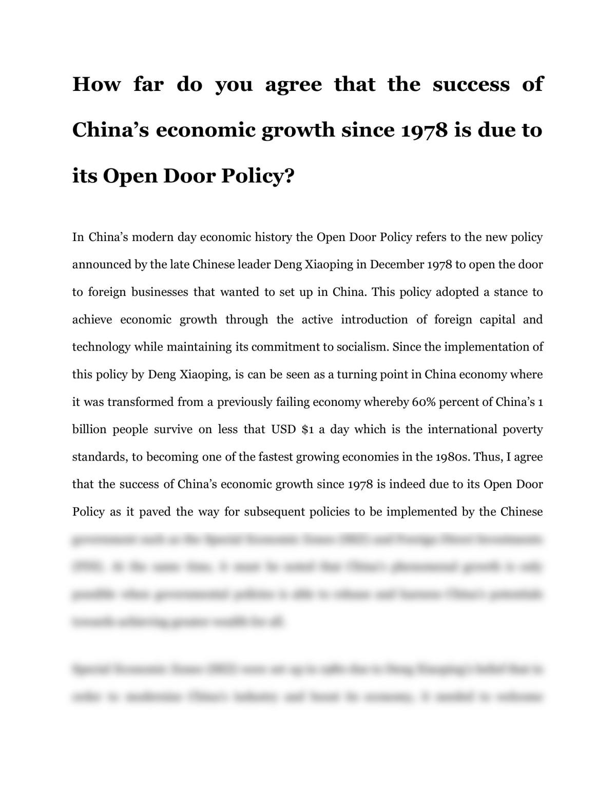 How far do you agree that the success of China's economic growth since 1978 is due to its open door policy - Page 1