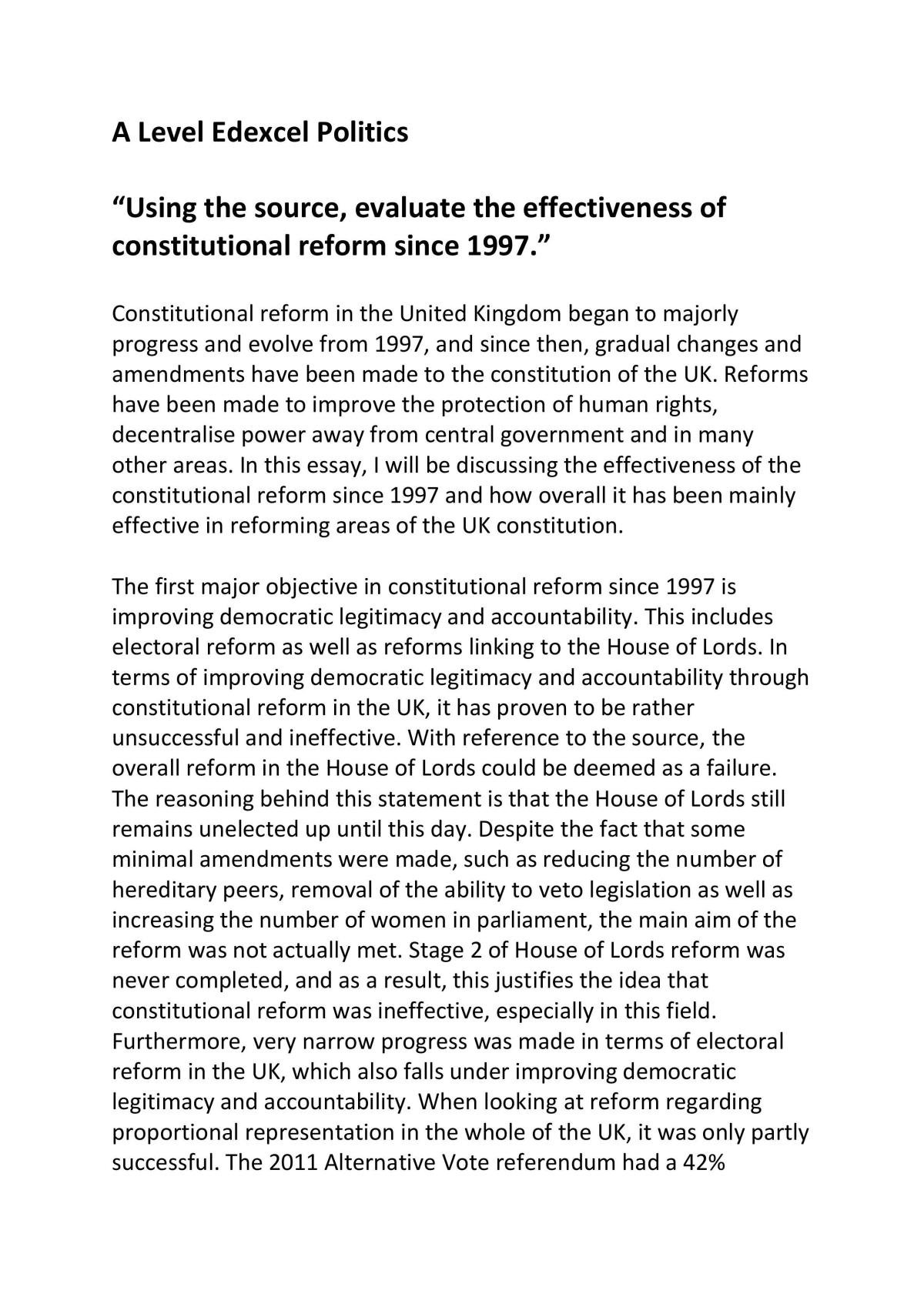 A Level Edexcel Politics UK government constitutional reform essay - Page 1