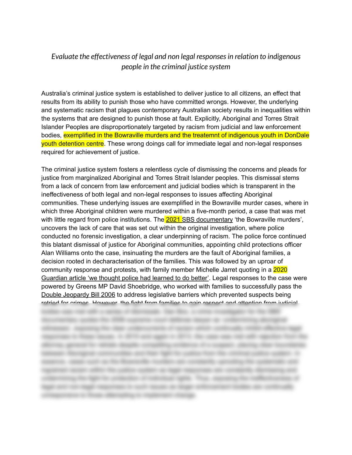 Legal Studies essay - indigenous people in the criminal justice system - Page 1