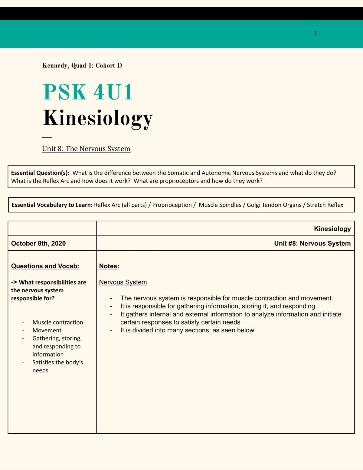 Unit 8: The Nervous System - Page 1