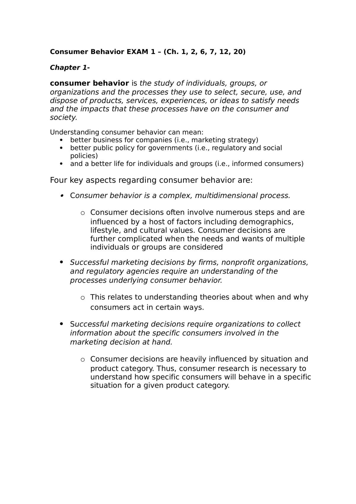 Consumer Behavior Exam 1 Notes - Page 1