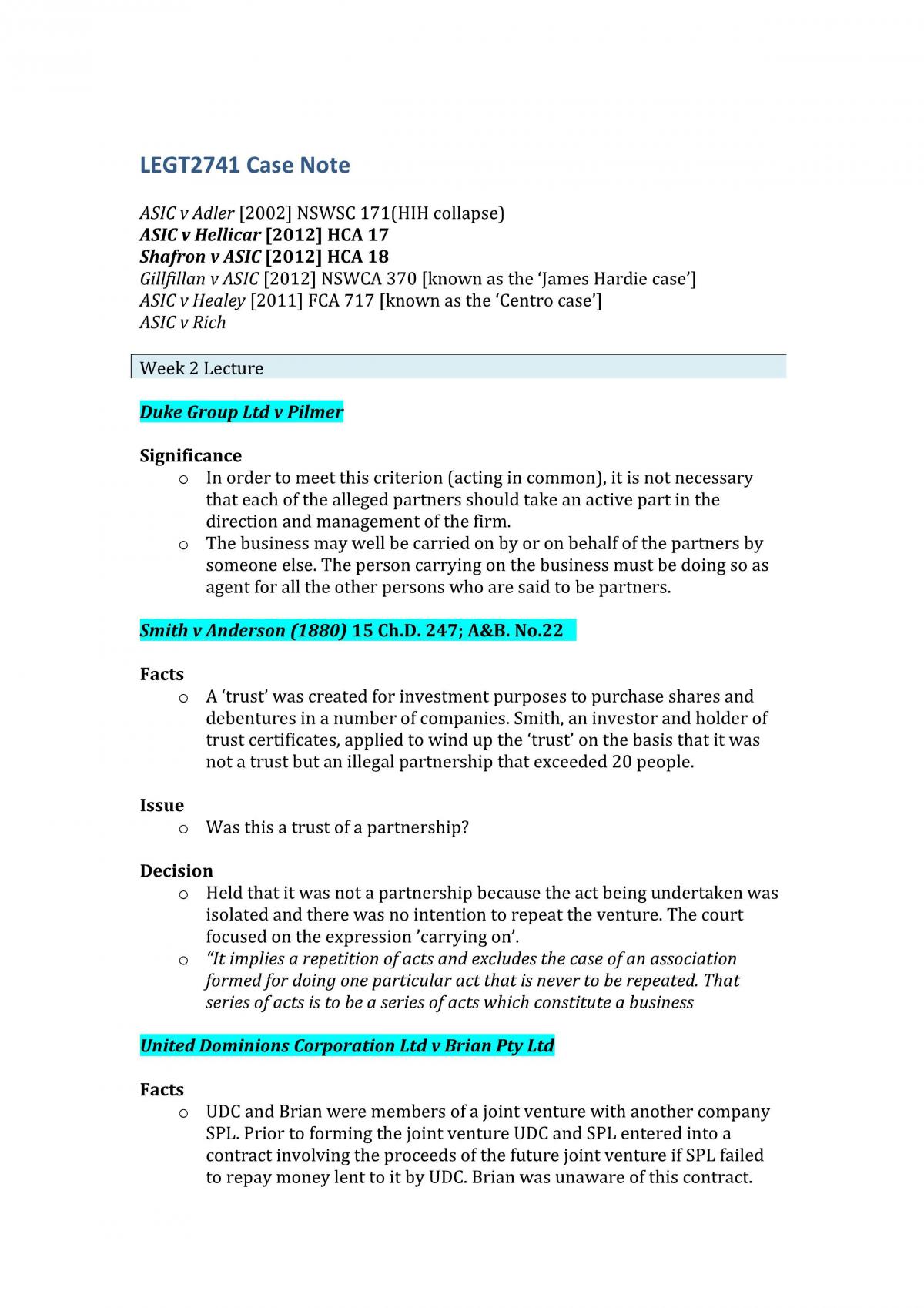 TABL2741 - Case Note for Final Exam - Page 1