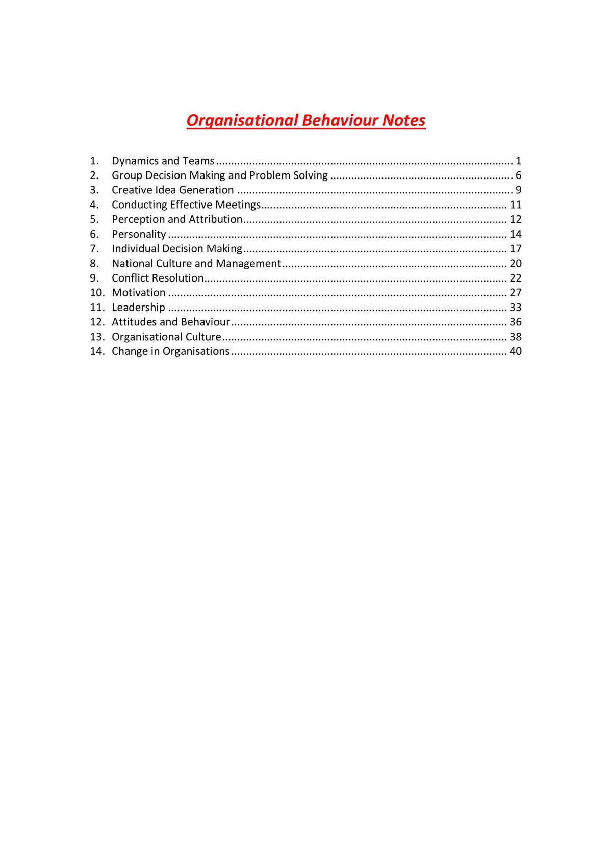 Organisational Behaviour Course Notes - Page 1