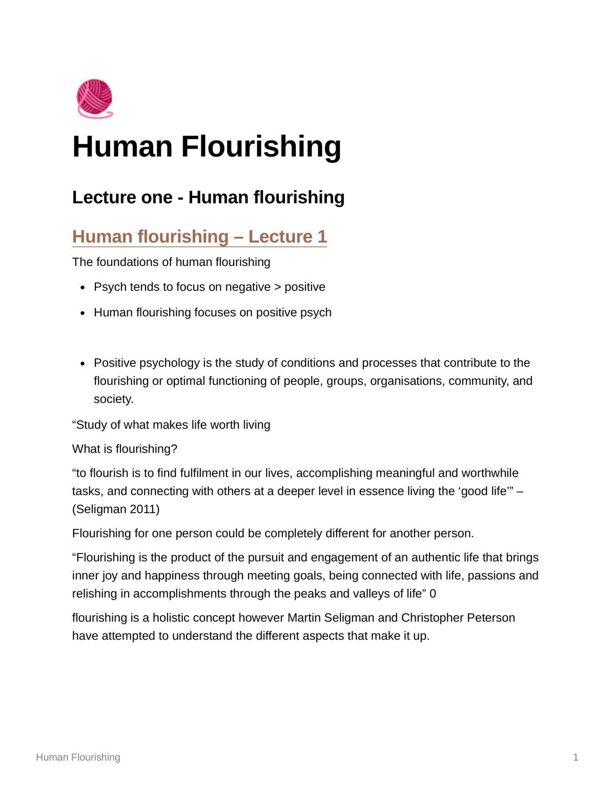 Human Flourishing Psych108 Study Notes - Page 1