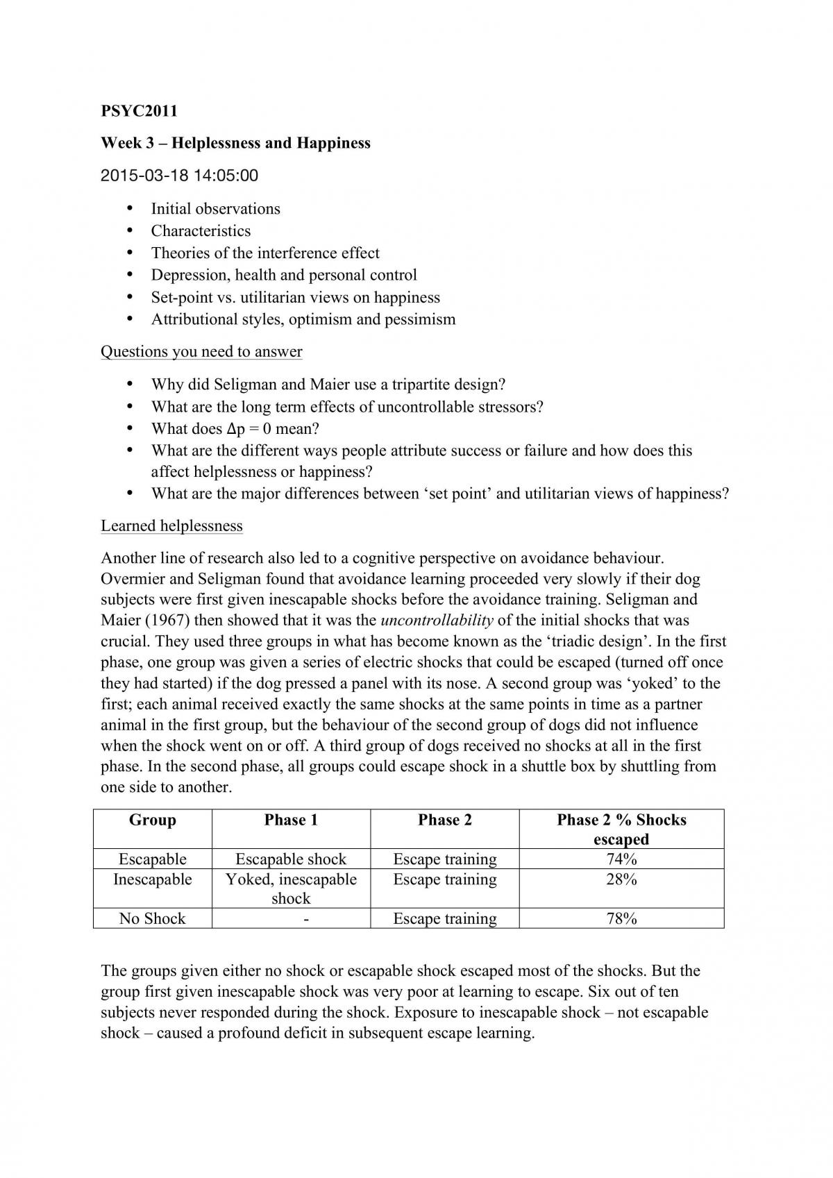 Helplessness and Happiness Notes - Page 1