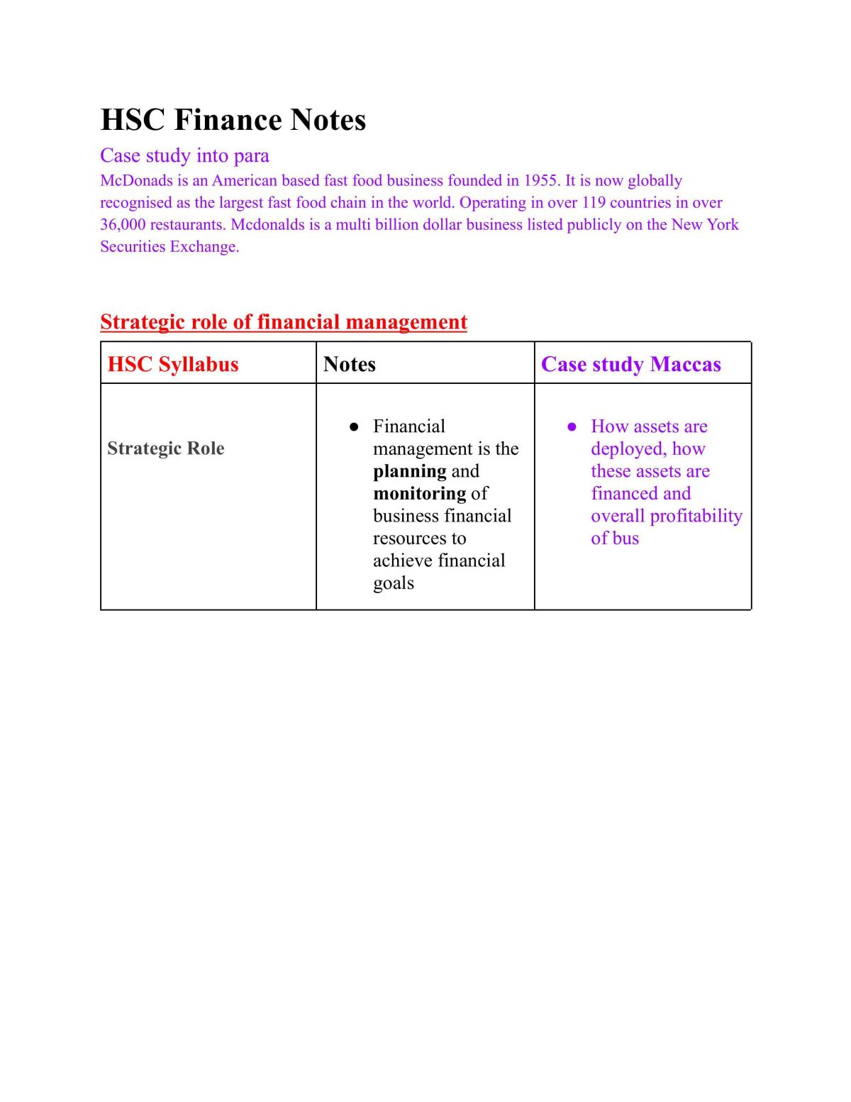 HSC Finance Notes with case study - Page 1