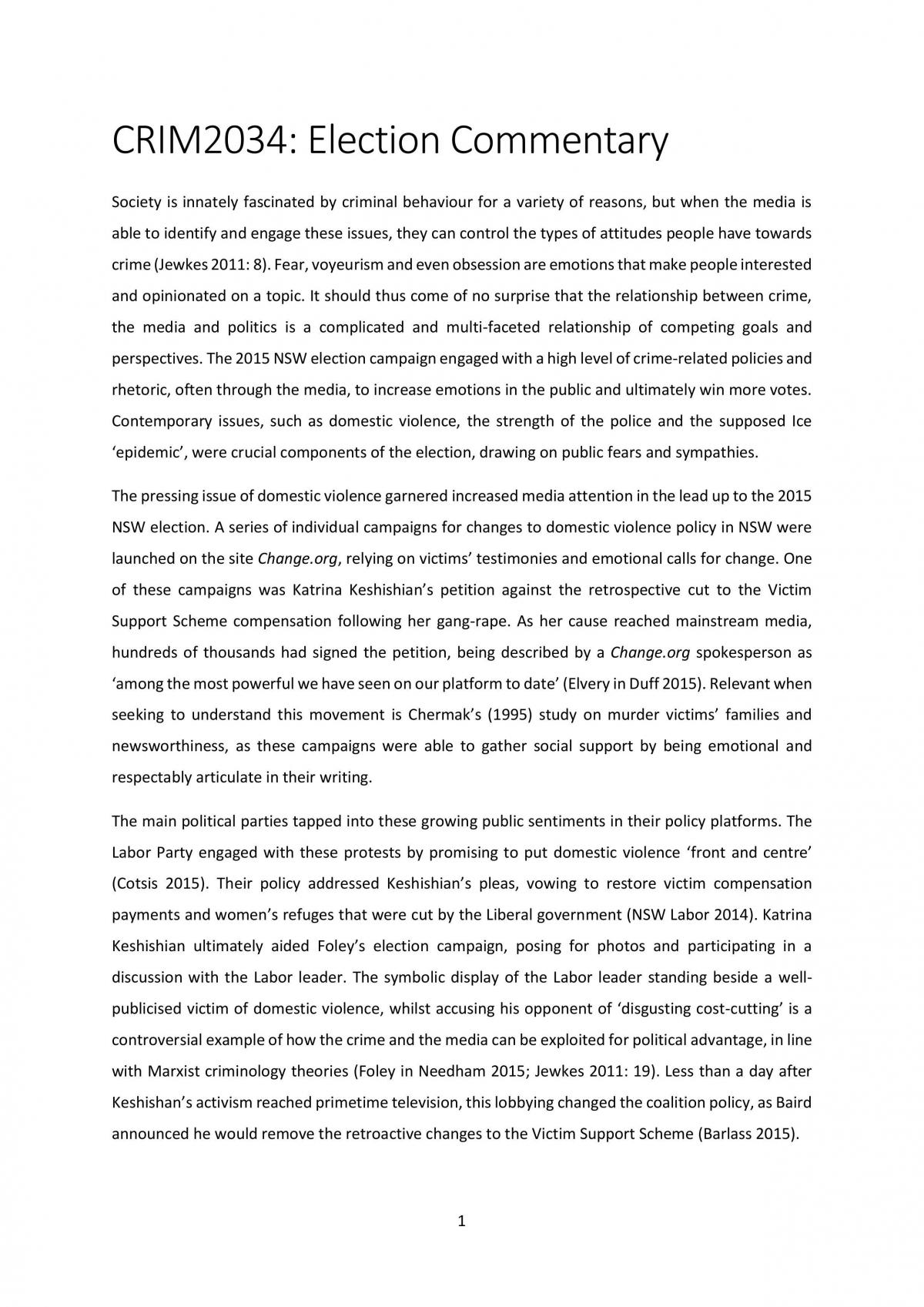 CRIM2034 Election Commentary Essay - Page 1