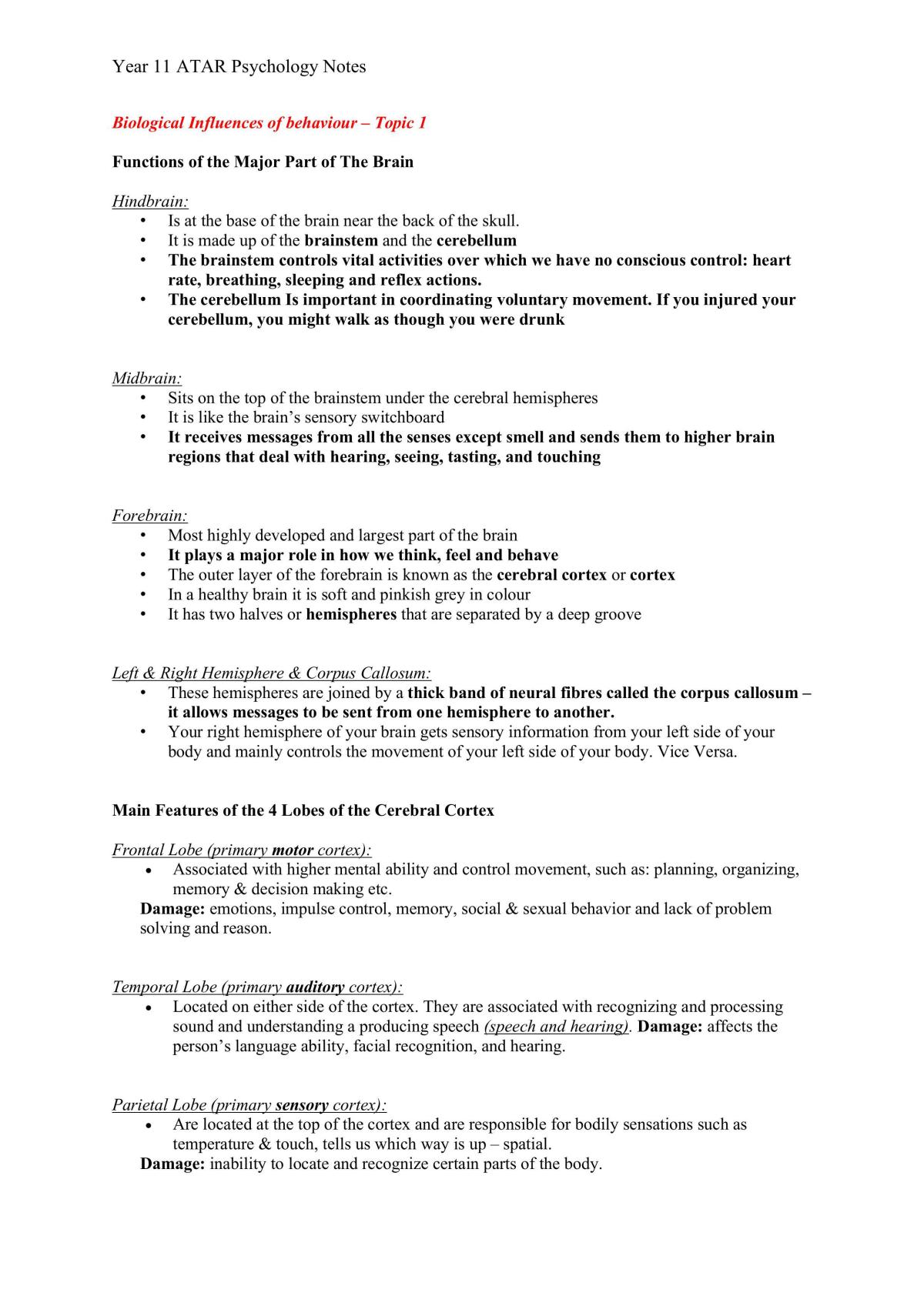 Biological Influences of Behaviours Psychology Notes  - Page 1