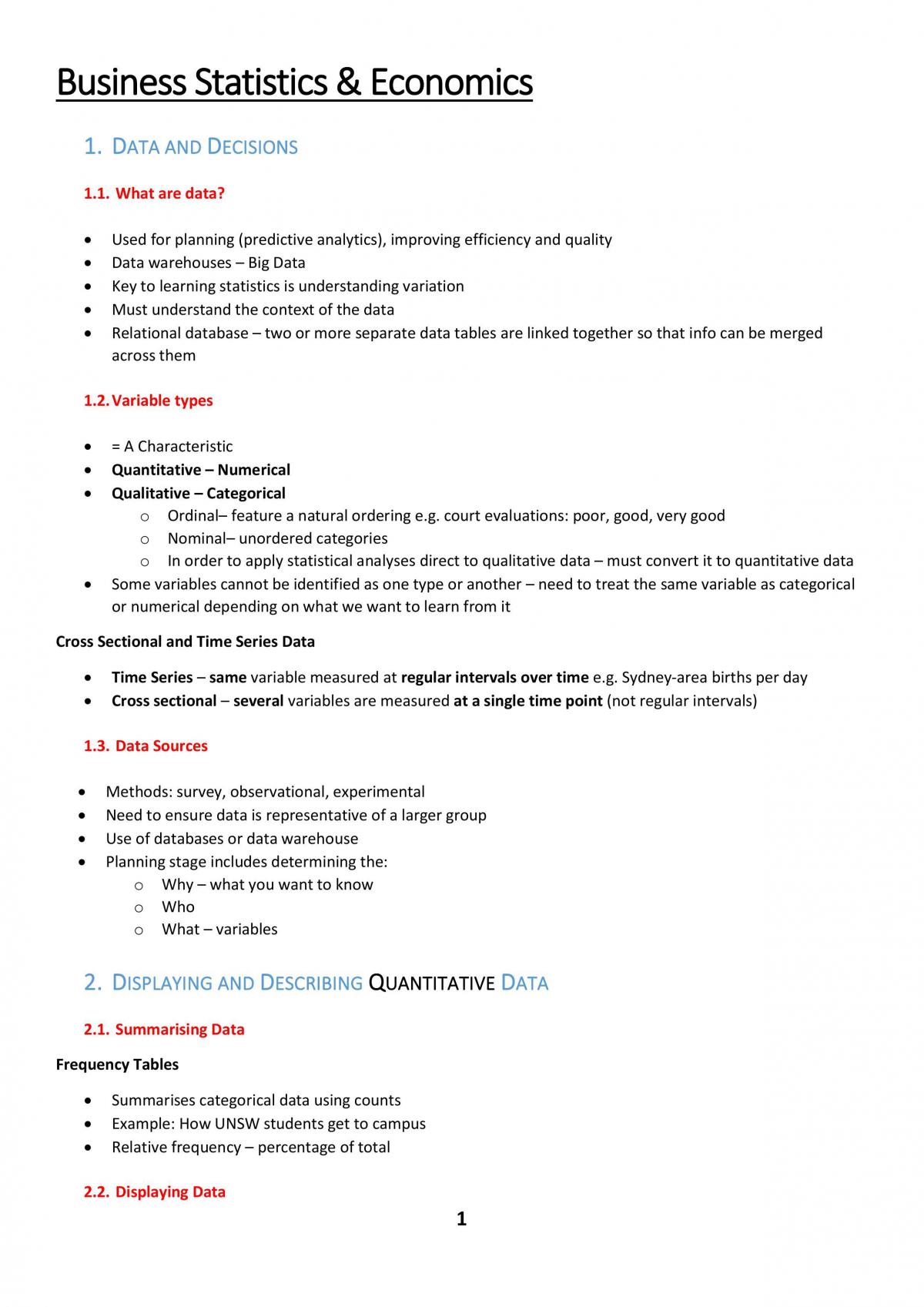 ECON1203 - Summary Notes - Page 1