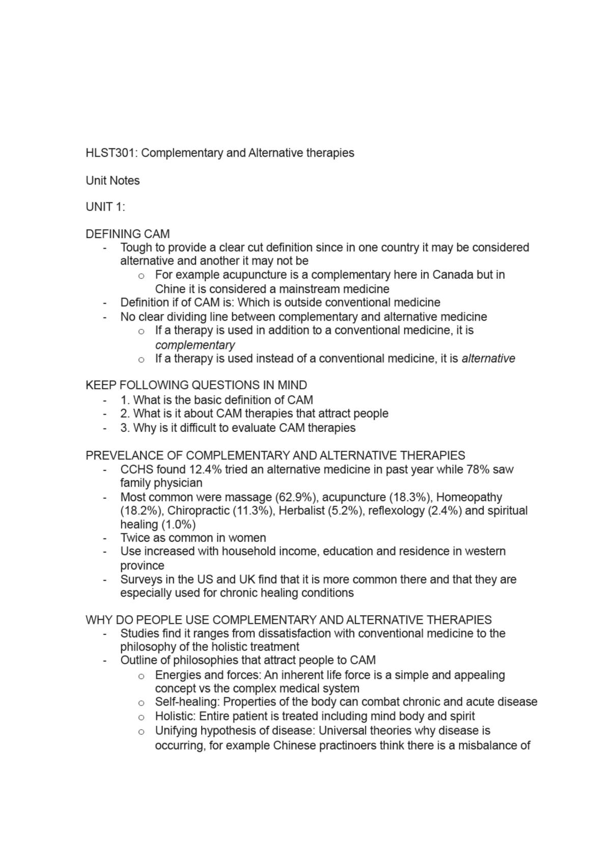 Complementary and Alternative Therapies Study Notes - Page 1