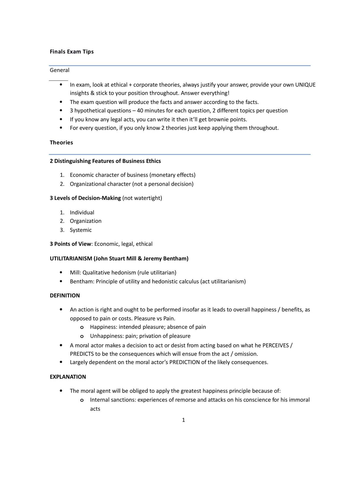 Ethics and Social Responsibility Cheatsheet for Finals - Page 1