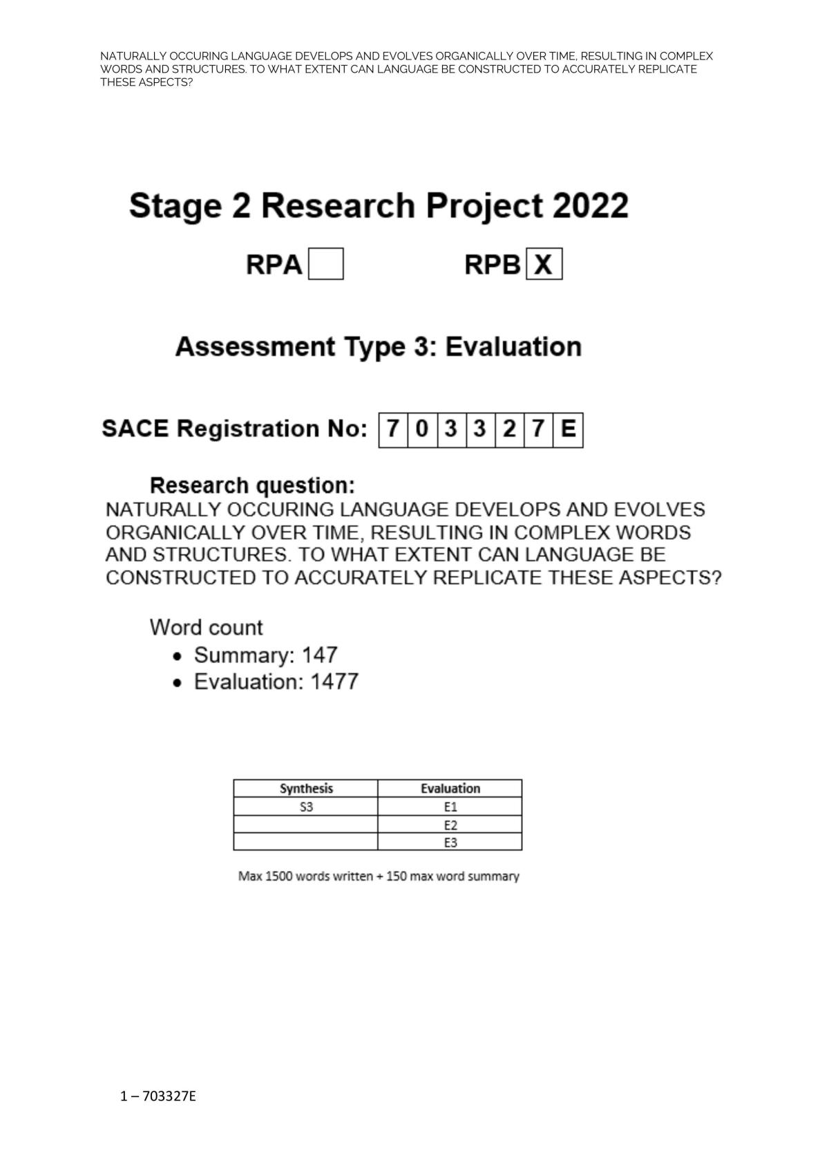 sace research project evaluation exemplars
