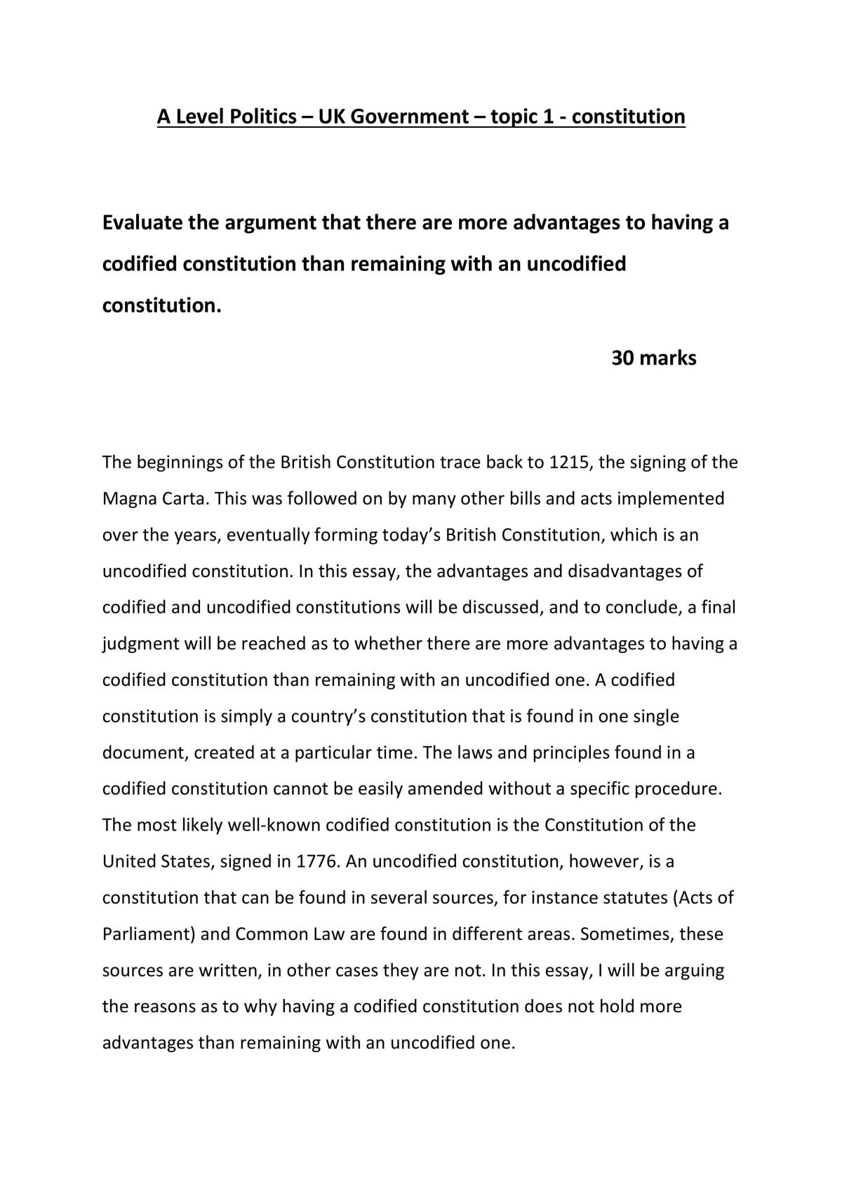 A Level Edexcel Politics UK Government constitution essay - Page 1