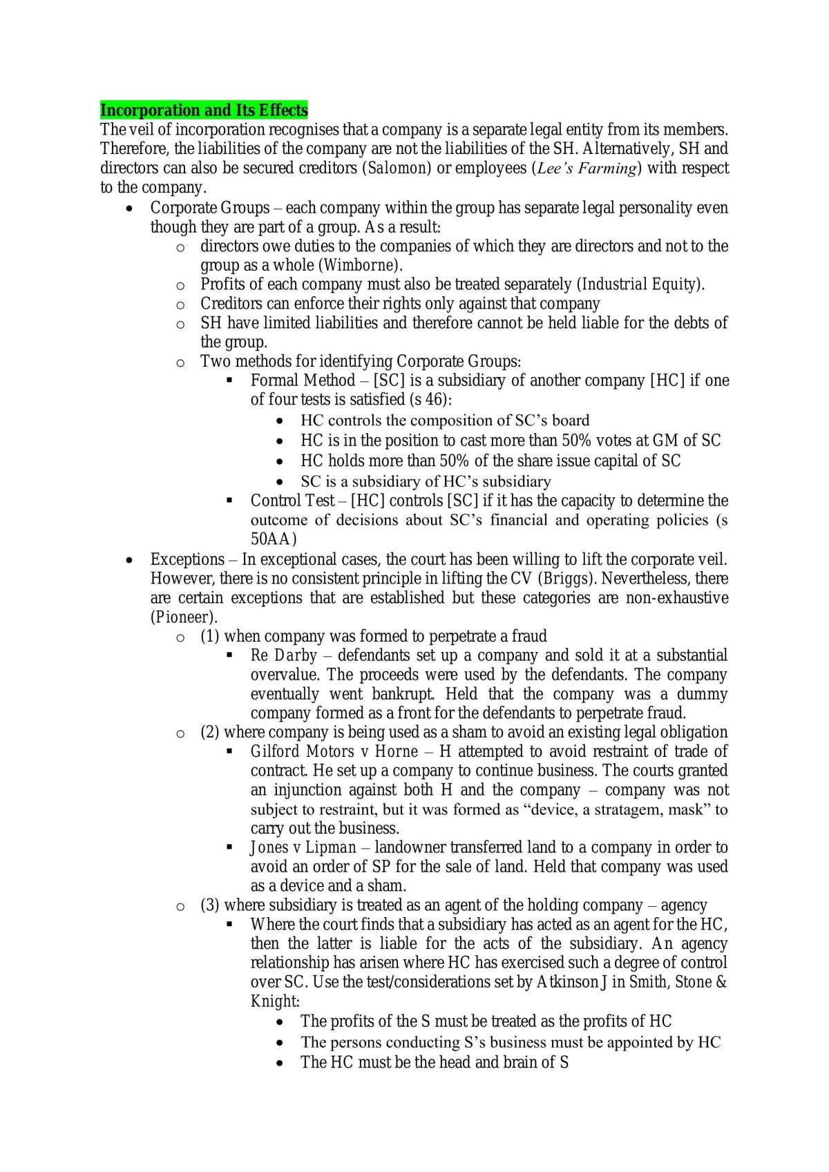 LAW5011 - Company Law - HD notes - Page 1